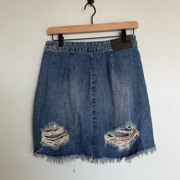 Free People x One Teaspoon Vixen High Waist Distressed A Line Oxford Denim Skirt - Picture 9 of 12